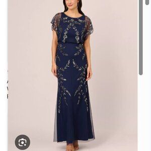 Nwot Papell Studio Elegant Navy Blue Beaded  Embroidered Dress Us 14